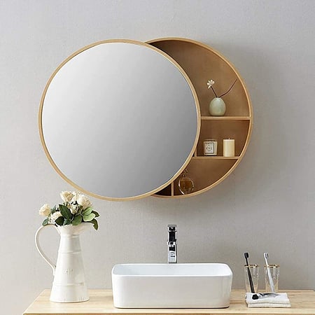 Oglinda de baie cu dulap Hausberg DL1, deschidere prin culisare, rotunda, PAL, maro, Ø50 cm x 13 cm