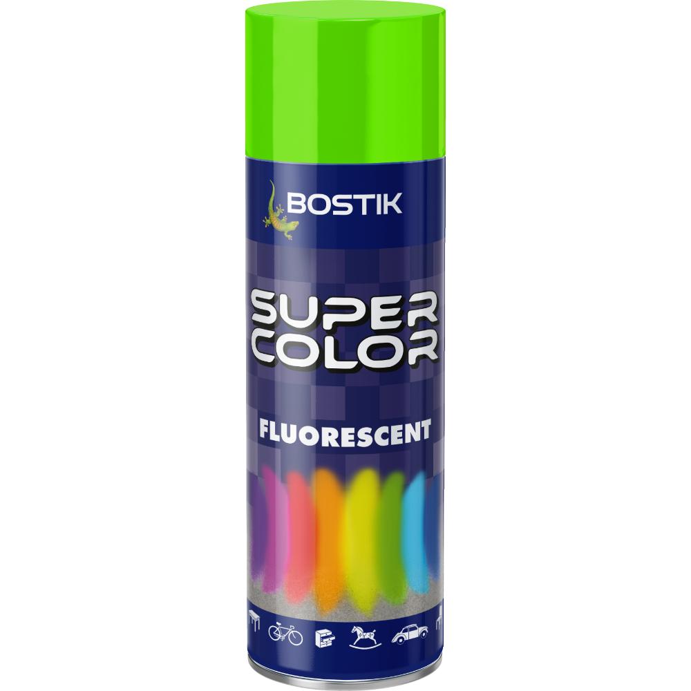 Vopsea spray retus decorativ efect fluorescent Bostik Super Color, verde, lucios, interior/exterior, 400 ml 400