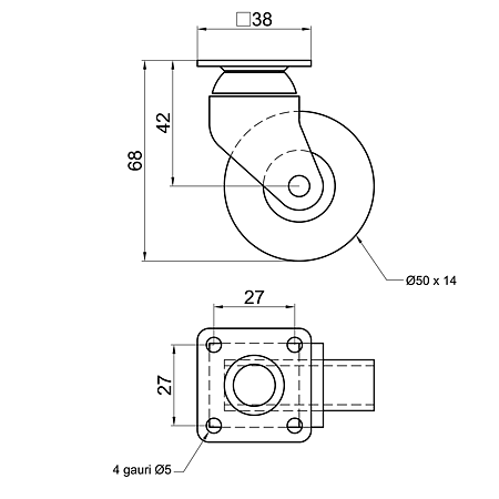Rotila cu flansa pentru carucior, metal + plastic, gri, 50 x 68 mm Rotila cu flansa pentru carucior, metal + plastic, gri, 50 x 68 mm