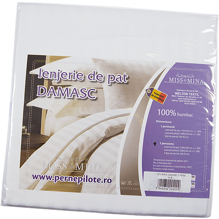 Lenjerie pat, damasc, 2 persoane, 4 piese, alb Lenjerie pat, damasc, 2 persoane, 4 piese, alb