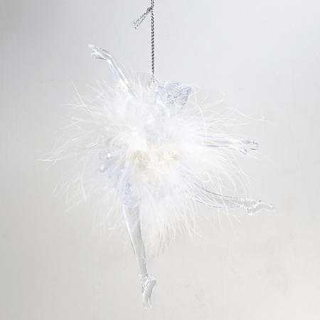 Decoratiune balerina transparenta, fusta cu pene albe, 15 cm