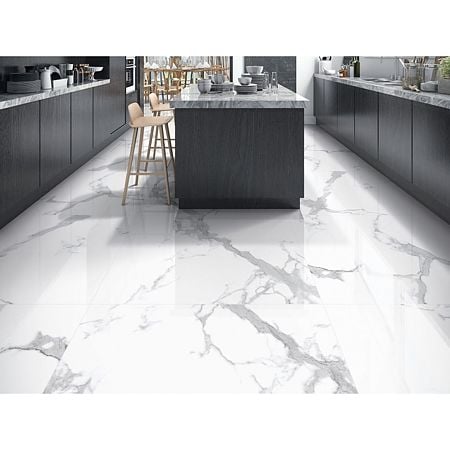 Gresie interior portelanata Diamond White, glazura lucioasa, aspect marmura, alb & gri, patrata, 120 x 120 cm
