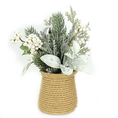 Aranjament floral decorativ pentru Craciun, plastic + textil, argintiu, 10 x 10 x 22 cm