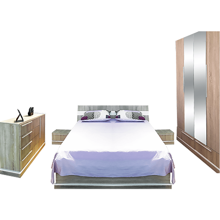 Dormitor modern Raul, PAL melaminat, pat + dulap + noptiere + comoda, alb sonoma