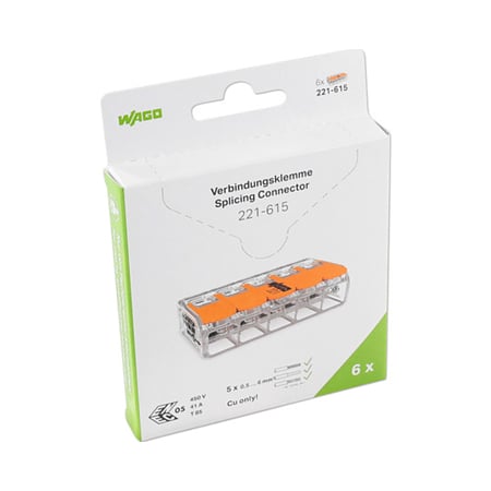 Conector imbinare cu parghii Wago Push Wire 221-413, pentru conductori unifilari, 5 x 6 mmp, 32 A, transparent, 6 bucati