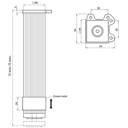 Picior patrat cu flansa metalica, 40 x 40 mm, H 70 mm