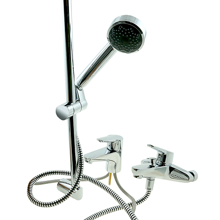 Set baterii D-vise Kludi, include baterie de lavoar, baterie de dus/cada si set de dus