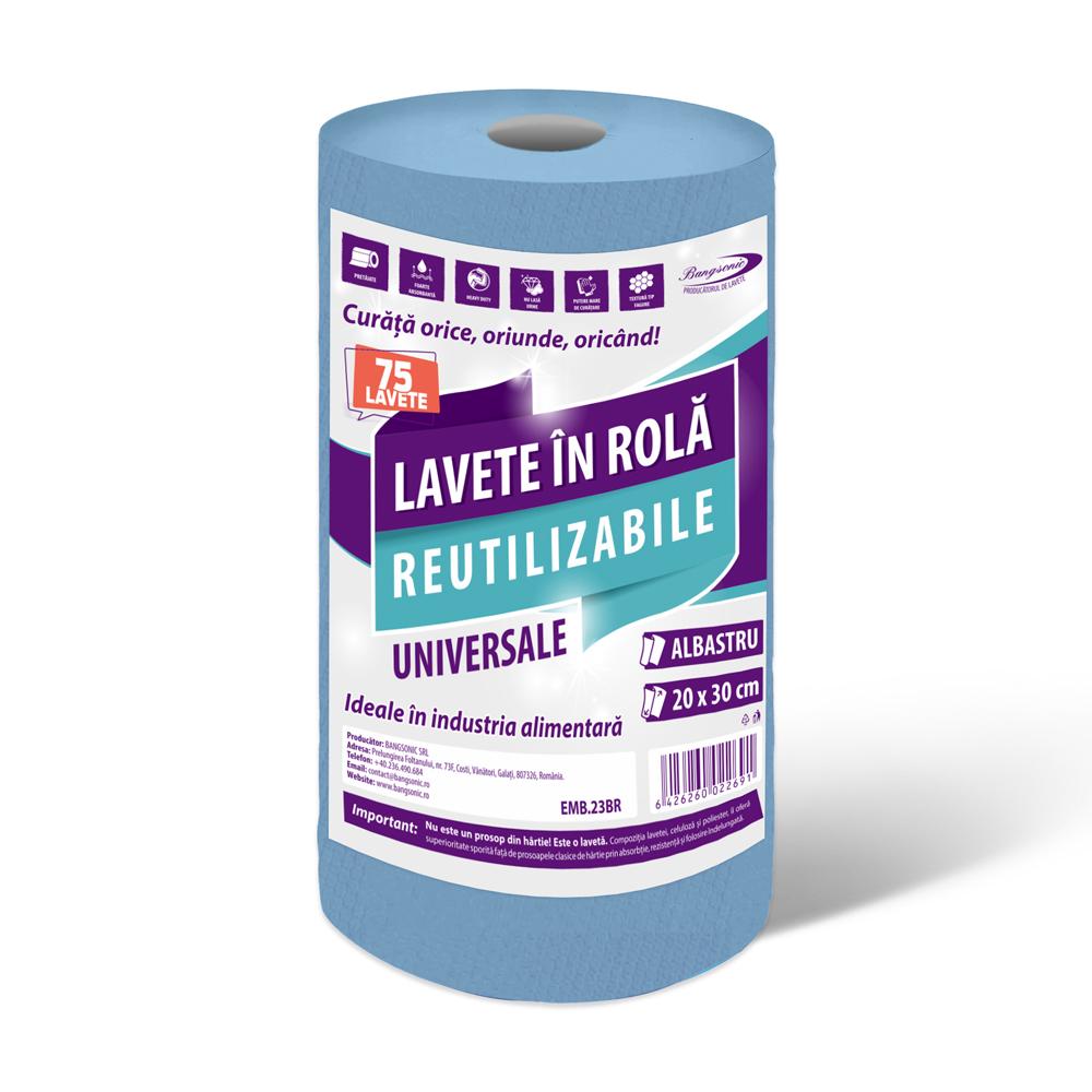 Lavete profesionale reutilizabile, albastru, 30 x 20 cm, 75 buc/rola