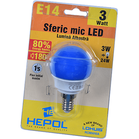 Bec LED Hepol, sferic, E14, 3W, lumina albastra