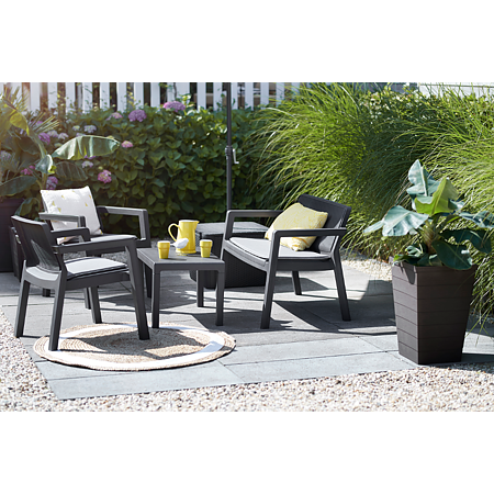 Set mobilier de gradina/balcon, 4 piese, Keter Emily, plastic, 2 scaune 68 x 64 x 75cm, canapea 111 x 68 x 75 cm, masa 65 x 47 x 42cm, gri antracit