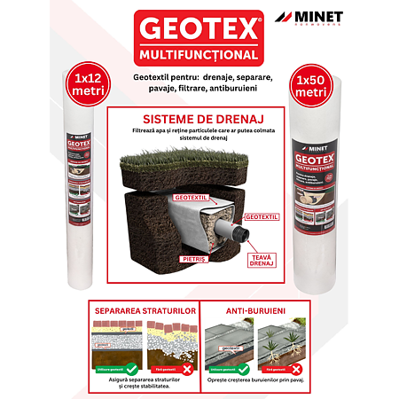 Membrana geotextila Geotex, 100 gr/mp, polipropilena, alb, 1 x 12 m, rola