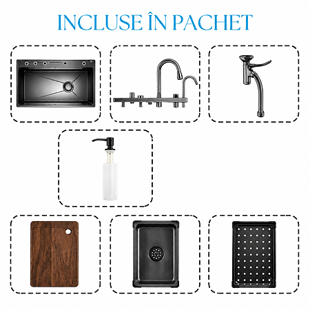 Chiuveta bucatarie multifunctionala smart BadenMob, 1 cuva, inox auriu, afisaj digital, doua cascade, spalator pahare, dozator detergent, baterie extensibila cu 3 functii, tocator, tava si sita inclusa, antizgarieturi, sistem preaplin, 75 x 45 x 22 cm