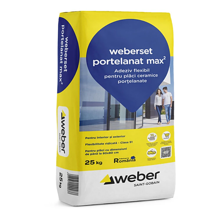 Adeziv flexibil pentru placari ceramice, interior/exterior, Weber weberset portelanat max2, gri, 25 kg
