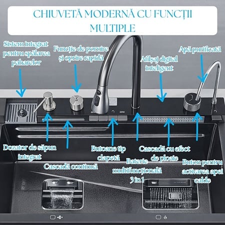 Chiuveta bucatarie multifunctionala smart BadenMob, 1 cuva, inox auriu, afisaj digital, doua cascade, spalator pahare, dozator detergent, baterie extensibila cu 3 functii, tocator, tava si sita inclusa, antizgarieturi, sistem preaplin, 75 x 45 x 22 cm