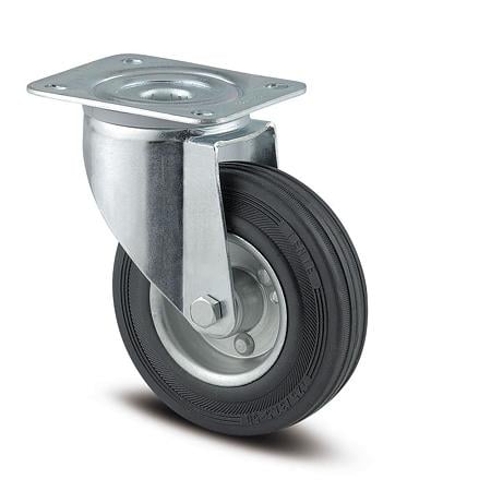 Rola pivotanta cu placa, cauciuc plin negru, 200 x 50 mm, 205 kg