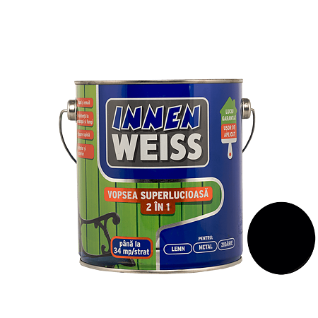 Vopsea superlucioasa Innenweiss 2 in 1, interior si exterior, negru, 2,4 l