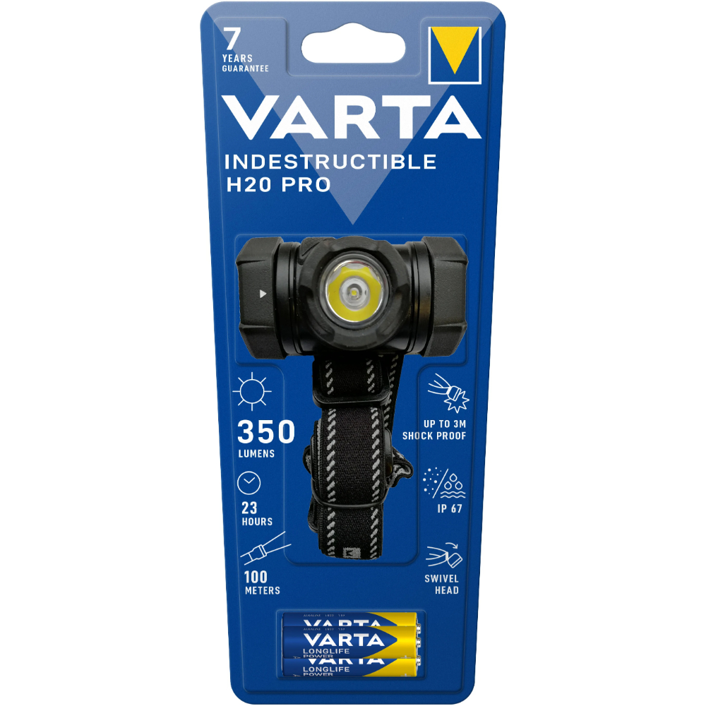 Lanterna LED Varta Indestructible H20 Pro, 350 lm, 2 moduri de lumina, curea reglabila, IP67