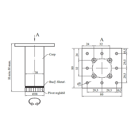 Picior patrat aluminiu TL032 38 x 38 x 80 mm