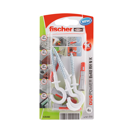Diblu cu surub cap carlig din metal si plastic Fischer Duopower, nylon, 8 x 40 mm, 4 bucati