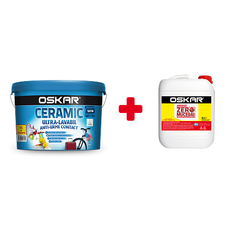 Vopsea ultralavabila interior/exterior, Oskar ceramic satinat, alb, 15 l + Amorsa Oskar zero mucegai 4 l