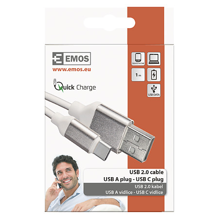 Cablu USB Emos 2.0 A/M-C/M, alb, 1 m