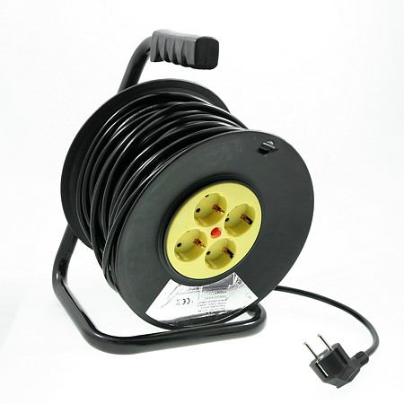 Derulator cablu electric cu 4 prize, Schuko, galben, 3 x 1,5 mmp, 40 m