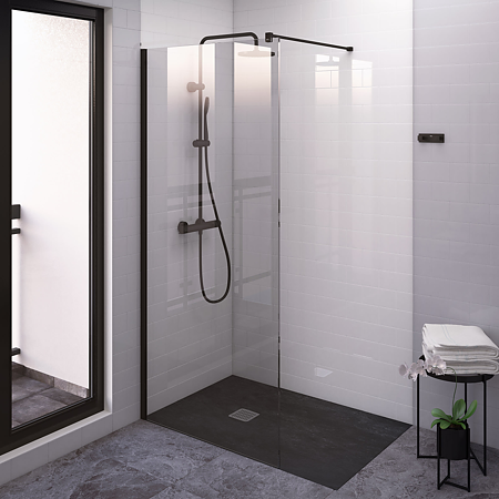 Paravan dus walk-in Roca District, sticla 8 cm, profil negru, 100 x 200 cm