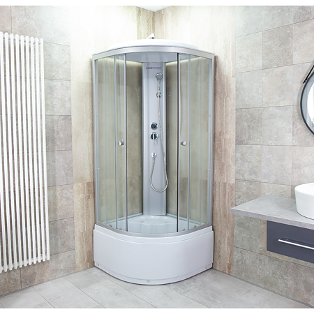 Cabina dus Sanotechnik TM29, cadru aluminiu, cadita inalta semirotunda, sticla 4 mm, 88 x 88 x 215 cm