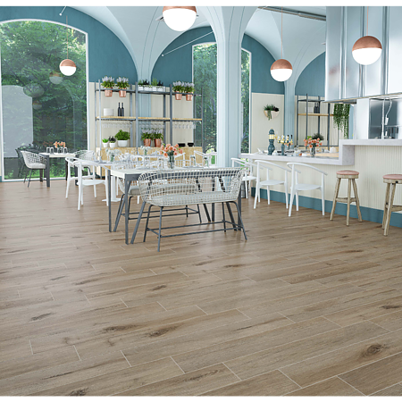 Gresie portelanata interior-exterior Kai Ceramics Pine, beige, aspect de parchet, finisaj mat, 20,4 x 120,4 cm