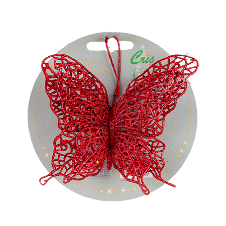 Glob decorativ de Craciun in forma de fluture, glitter rosu, 18x12 cm