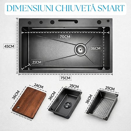 Chiuveta bucatarie multifunctionala smart BadenMob, 1 cuva, inox auriu, afisaj digital, doua cascade, spalator pahare, dozator detergent, baterie extensibila cu 3 functii, tocator, tava si sita inclusa, antizgarieturi, sistem preaplin, 75 x 45 x 22 cm