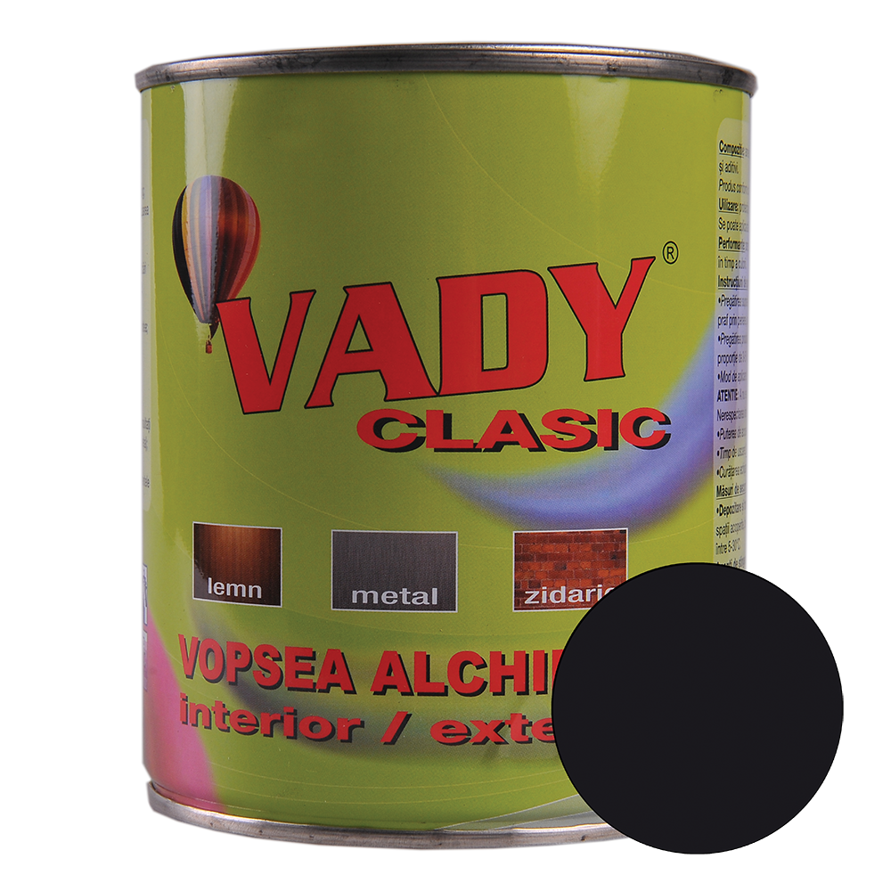 Vopsea alchidica Vady clasic, pentru lemn/metal/zidarie, interior/exterior, negru, 0,6 l 06