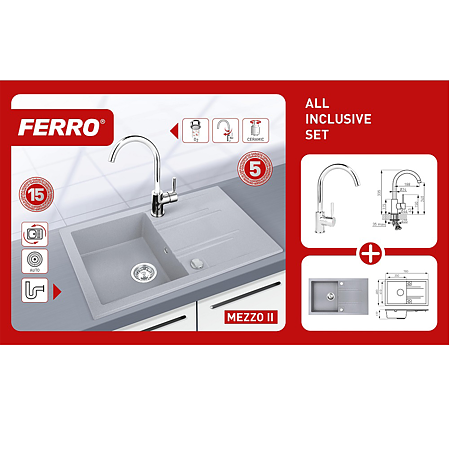 Set chiuveta granit + baterie Ferro Mezzo II DRGM48/78GA-BLG4-SET1, cuva reversibila, gri, 48 x 78 cm