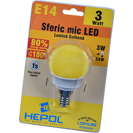 Bec LED Hepol, rotund, E14, 3 W, lumina galbena