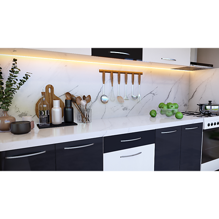 Mobilier bucatarie Mobylux Cairo, MDF si pal melaminat, negru-alb lucios, blat inclus, lungime 2.2 m