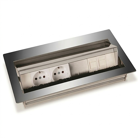 Priza mobilier Spica-304, sistem incorporat, inox, 2 prize + 1 CAT1 + 1 CAT5