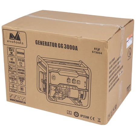 Generator curent electric monofazic Evotools GG3000A, model KM4000A, 3 kW, 2 x 230 V, capacitate rezervor 15l