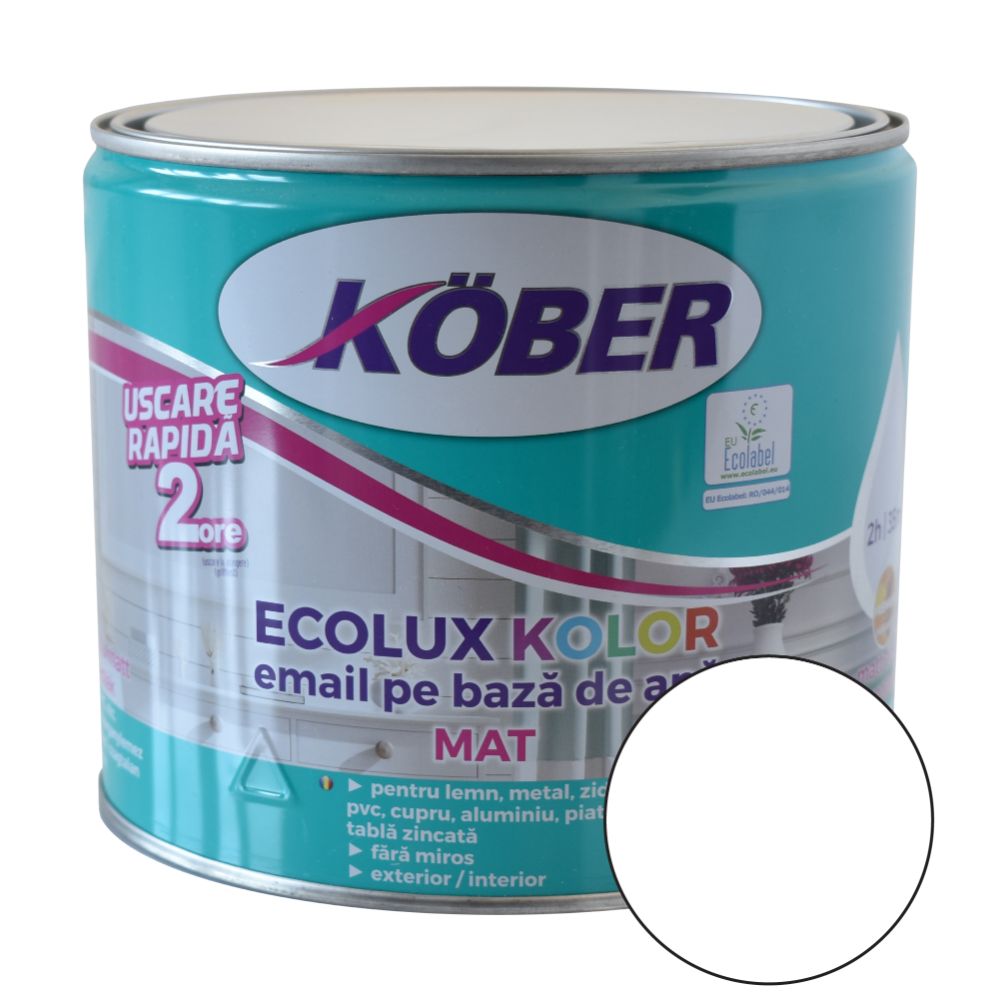 Email Kober Ecolux Kolor, pentru lemn/metal, interior/exterior, pe baza de apa, alb mat, 2.5 l 2.5