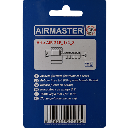 Racord cu filet mama Airmaster, cu bradut, 8 mm