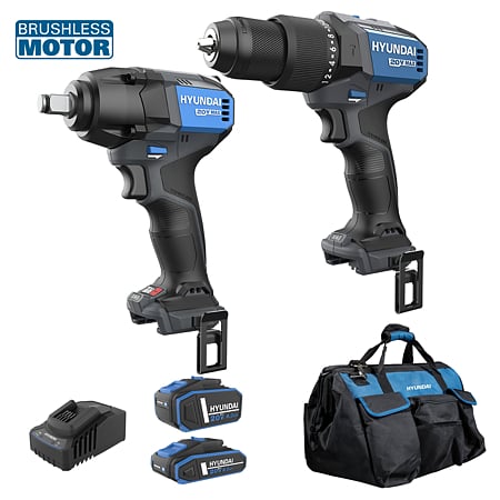 Set Masina de gaurit si insurubat cu percutie Hyundai HD20X-60TT + Masina de insurubat cu impact brushless Hyundai Solo IW20X-350Nm,1 acumulator 20V 2Ah, 1 acumulator 20V 4Ah, incarcator, geanta transport