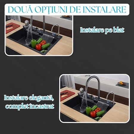 Chiuveta bucatarie multifunctionala smart BadenMob, 1 cuva, inox auriu, afisaj digital, doua cascade, spalator pahare, dozator detergent, baterie extensibila cu 3 functii, tocator, tava si sita inclusa, antizgarieturi, sistem preaplin, 75 x 45 x 22 cm