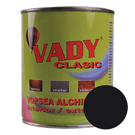  Vopsea alchidica Vady clasic, pentru lemn/metal/zidarie, interior/exterior, negru, 0,6 l