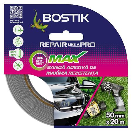 Banda adeziva pentru reparatii Bostik Max, transparent, 50 mm x 20 m