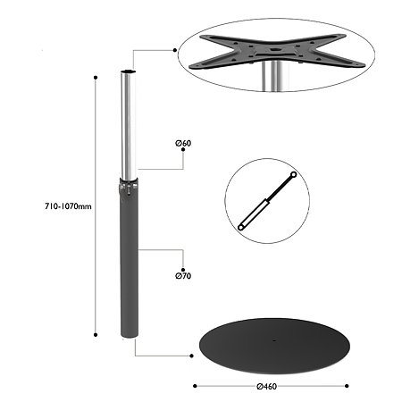 Picior de masă ajustabil, cu postament Ø 460 mm, metal, negru, Ø 60-70 mm, H 750-1100 mm