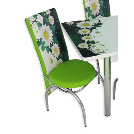 Set masa extensibila cu 6 scaune Arta Table Daisy, Pal melaminat, alb + verde cu flori, 169 x 80 cm