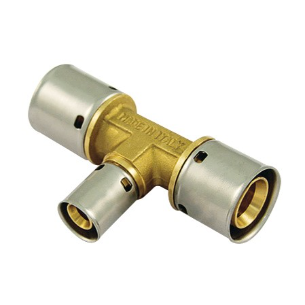 Teu redus cu presare PeX Tiemme, alama, auriu, diametru 20 x 16 x 20 mm