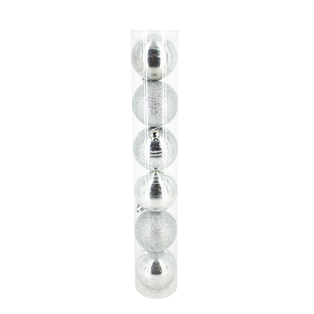 Set 6 globuri decorative de Craciun, plastic, argintiu, 6 cm