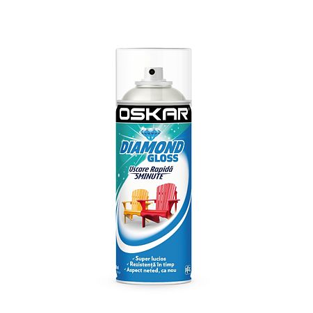 Vopsea spray pentru lemn / metal / ceramica Oskar Diamond Gloss, alb RAL 9010, lucios, interior/exterior, 400 ml