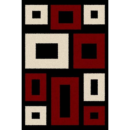 Covor dreptunghiular Shagy Paris DES67, polipropilena friese, model geometric negru, alb, rosu, 120 x 160 cm