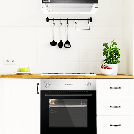 Set Hausberg Cuptor electric HB-8043, 1600 W, 57 l, Plita incorporabila HB-555, gaz, 4 arzatoare, inox, gri/negru si Hota telescopica HB-1285, 2 motoare, 2 x 95W, 420 m³/h, 60 cm